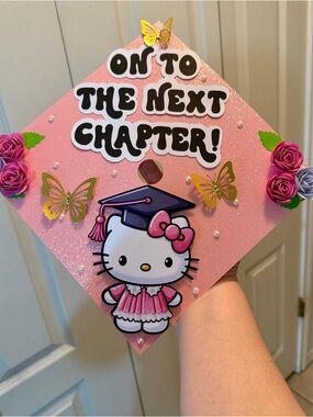 Hello Kitty Pink Glitter Graduation Cap Topper with Butterflies